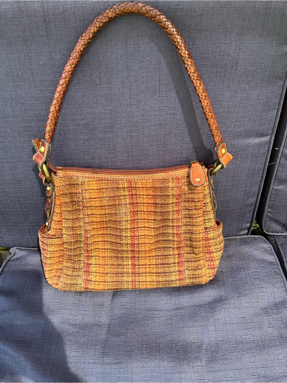 Fossil Woven Multicolor Shoulder Bag with Braided Brown Handle - Picture 2 of 7